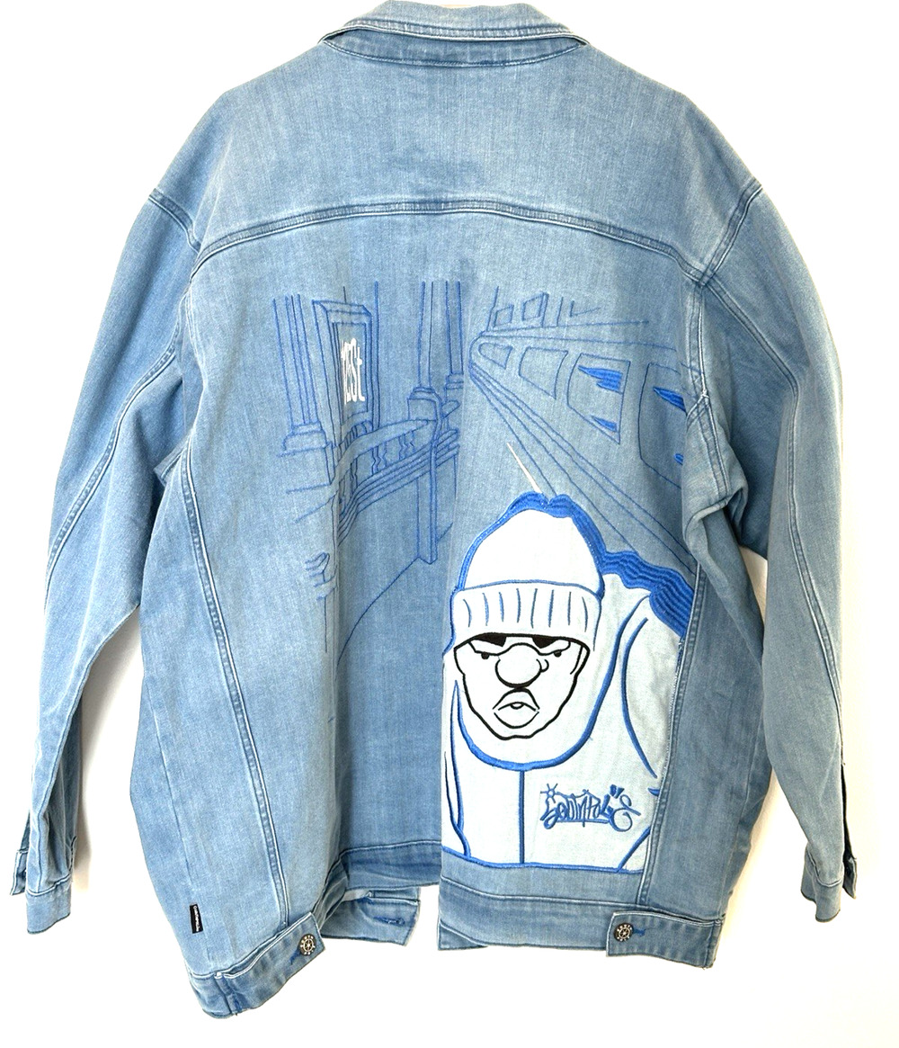 Southpole Denim Jacket Men's XL Y2K Hip Hop Streetwear Embroidered Graphic Blue.